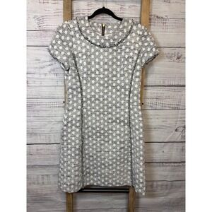 Sara Campbell Womens Polka Dot Tweed Shift Dress Gray White Fringe Size 6 USA